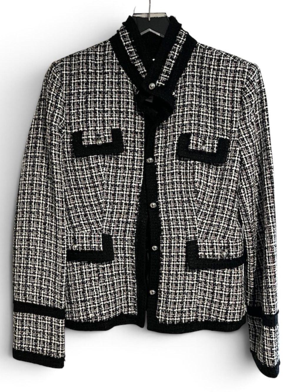 WHBM Black White Tweed Blazer Suit Coat Ailver Button Up Collar Trim 8 M Classic